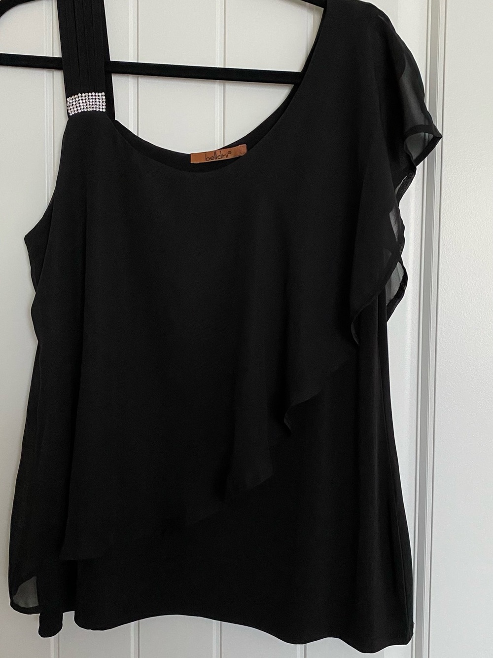 Belldini Black One-Shoulder Ruffled Top with Rhinestone Strap